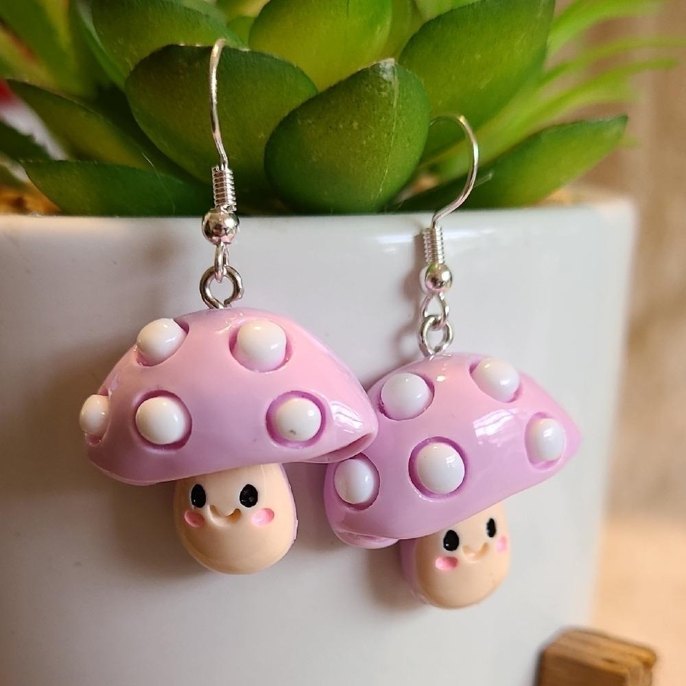 Handcrafted‎ Lavender Mushroom Dangle Drop Earrings NEW Playful Ladies/Girls